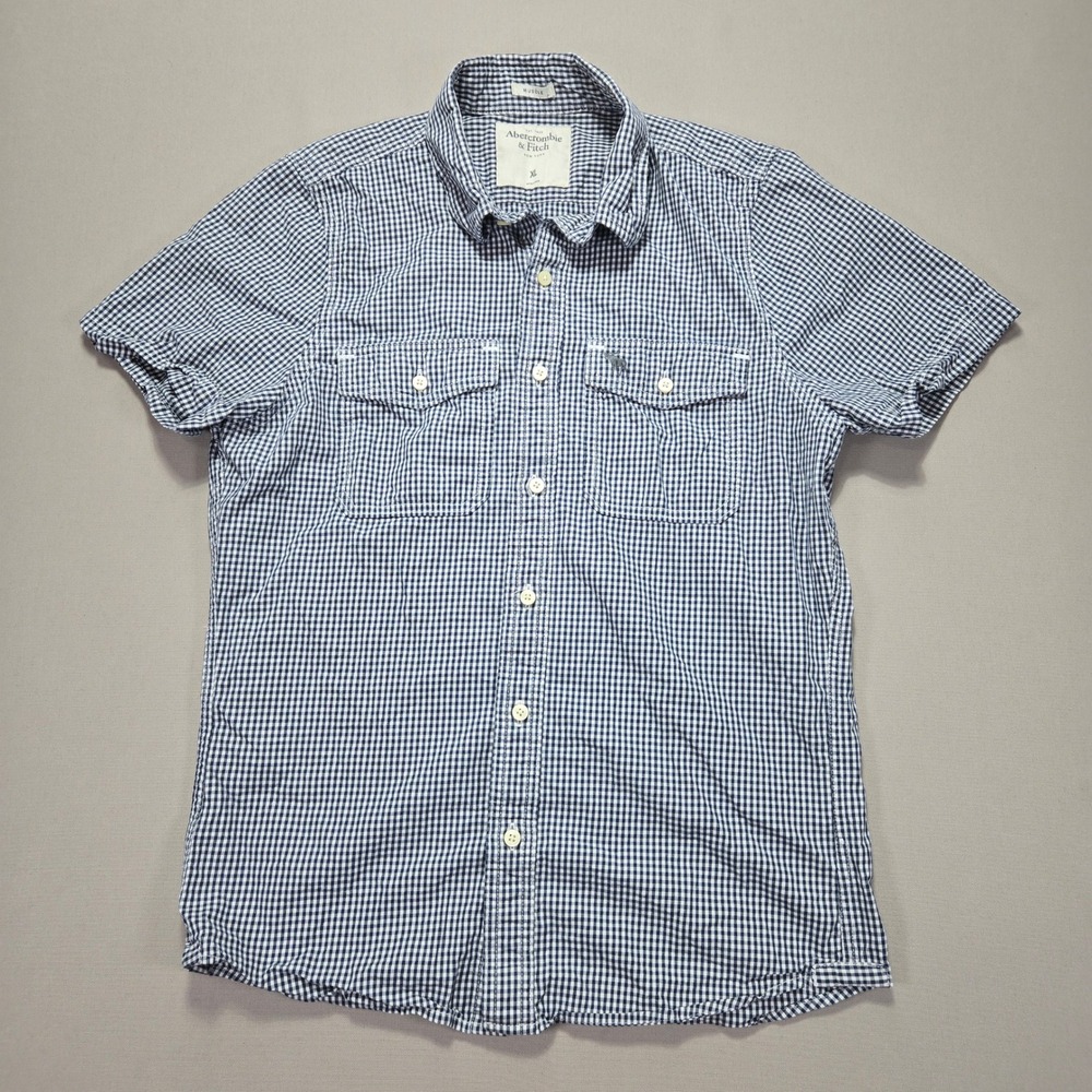 Abercrombie‎ & Fitch Muscle Fit Gingham Check gray Moose logo Button Up Men's XL